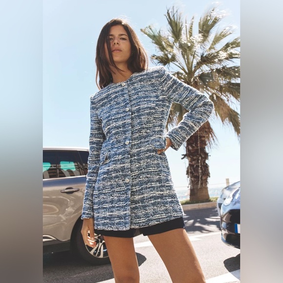 🔥🔥Zara Chic Blue Tweed Coat - Picture 1 of 4
